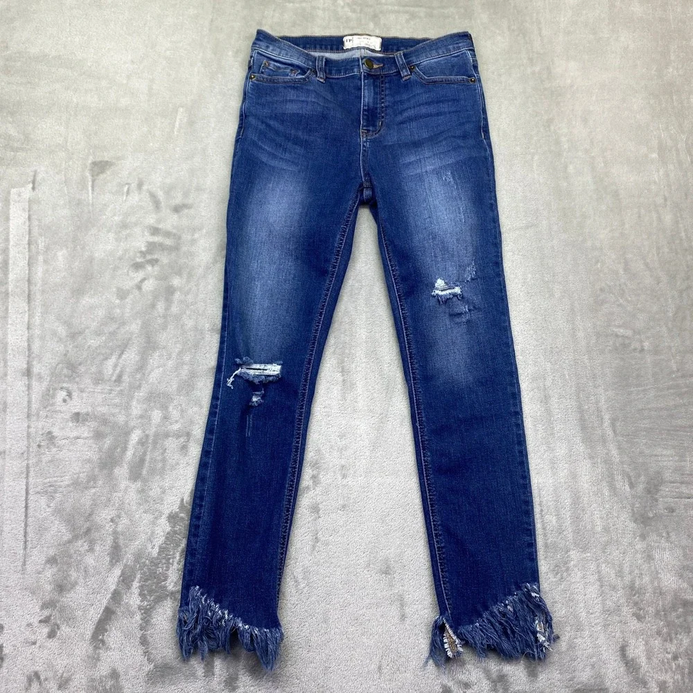 Free People Great Heights Distressed Skinny Jeans Blue Fringe Raw Hem‎ Size 26